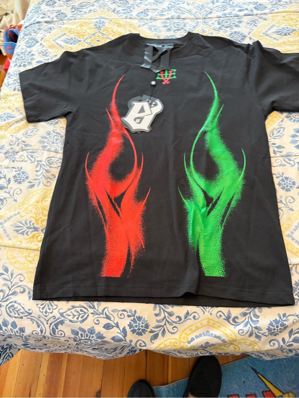 Evil Vice Men's Black Short-Sleeve Tee with Red & Green Flame Print